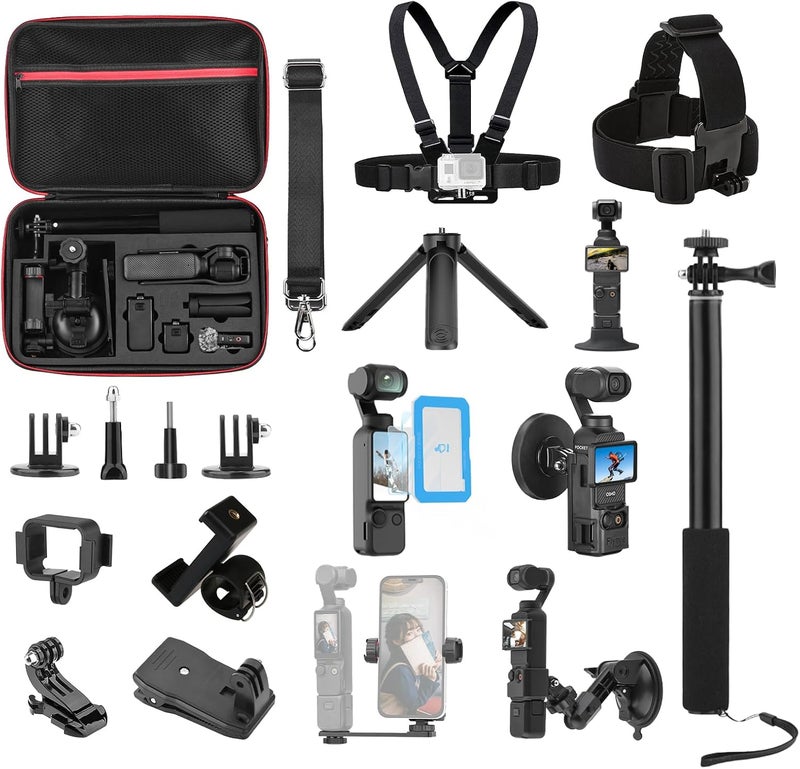 BRDRC 22 in 1 Pocket 3 Accessories Kit, Including Hard Case, Suction Car Mount, Tripod, Magnetic, Desktop Base, Selfie Stick, Chest Head Strap, Pocket 3 Phone Holder, Screen Protector, Backpack Clip - Image 1
